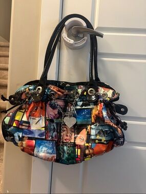 Vibrant Multicolor Collage Shoulder Bag with Heart Charm